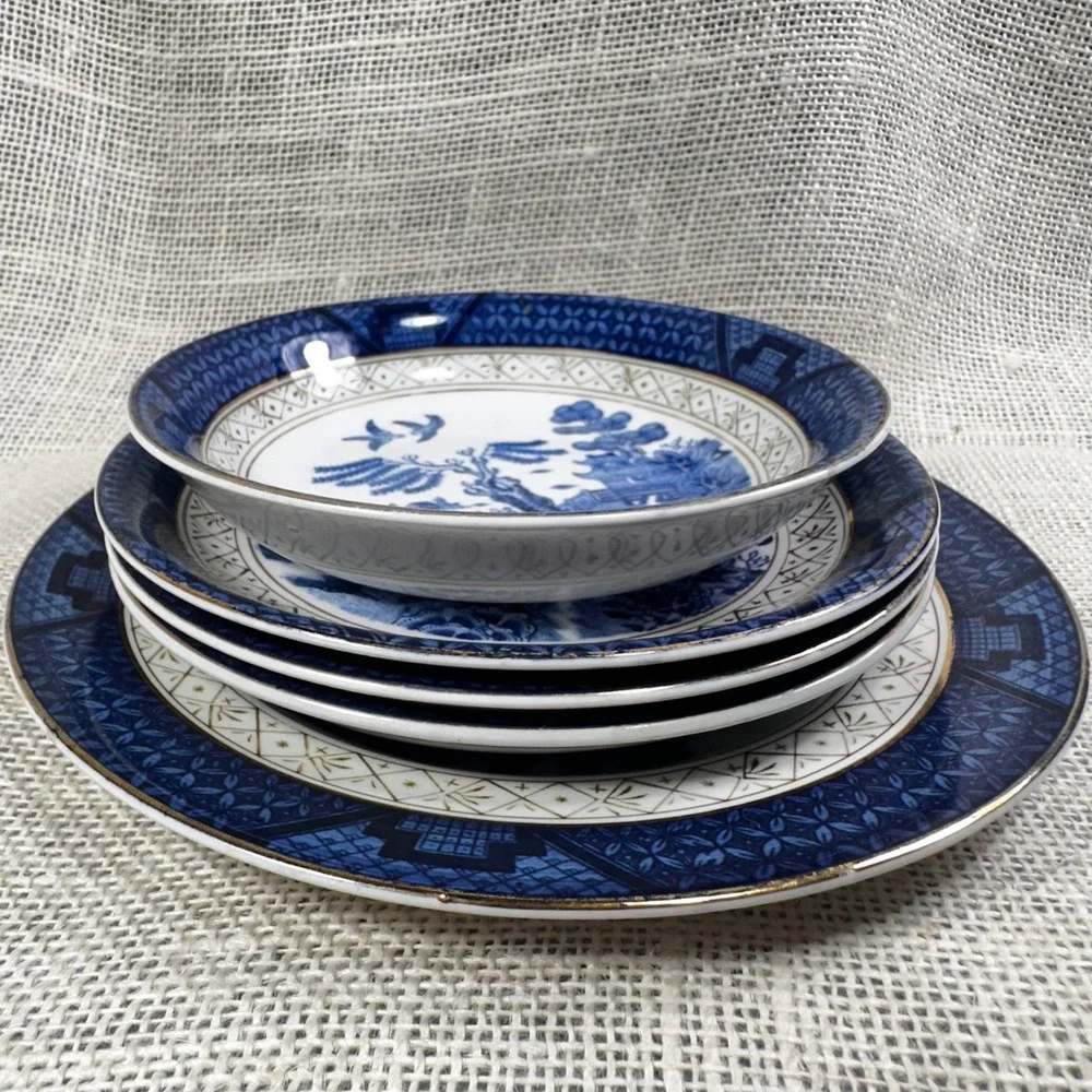Vintage Occupied Japan Ironstone Blue Willow China Lot 5 Mixed Pieces Gold Trim